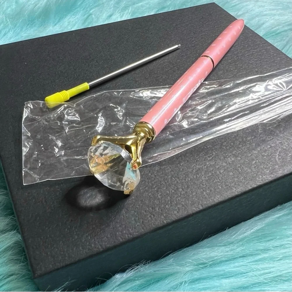 Diamond Top Peach Polka Dot Metal Ballpoint Pen Black Ink Refill PinkRainCloud